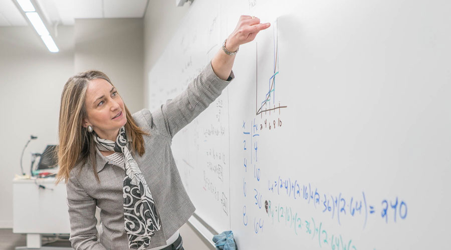 Rebekah Dupont teaching at a whiteboard in front of a class